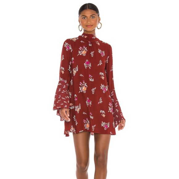 Free People Dresses & Skirts - FREE PEOPLE Womens Maroon Low Back Floral Long Sleeve Tie Neck Mini Shift Dress
